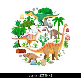 Dinosaures préhistoriques, bannière ronde d'animaux dinosaures jurassiques vectoriels, œufs de reptiles préhistoriques, empreintes de pas, arbres et plantes forestiers. Mignon dessin animé brachiosaurus, allosaurus et centrosaurus dinosaures Illustration de Vecteur