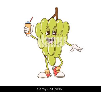 Personnage de fruit de raisin groovy de dessin animé rétro. Grappe de vecteur isolé de raisins tenant une tasse de boisson ou de jus et portant des baskets. Fruits vifs et joyeux en savourant des rafraîchissements estivaux Illustration de Vecteur