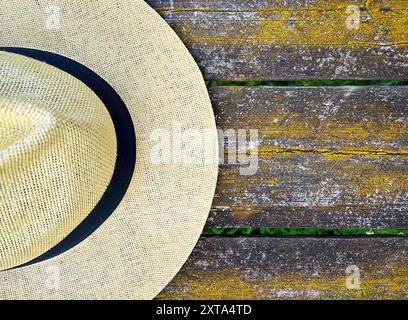 Vue Zenithal d'un chapeau panama dans des tons clairs sur des planches de bois avec beaucoup de texture. Banque D'Images