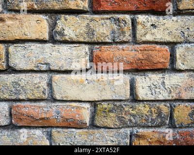 Gros plan d'un vieux mur de briques dans des tons jaunes et rouges avec beaucoup de texture. Banque D'Images