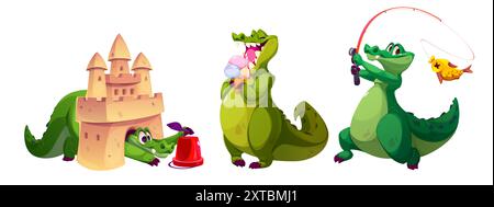 Caractères de crocodile comique ensemble isolé sur fond blanc. Illustration vectorielle de dessin animé de reptile vert mignon bâtiment château de sable, jouer sur la plage, manger de la crème glacée, pêche, collection de mascotte de zoo Illustration de Vecteur