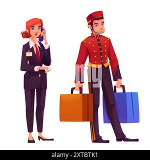 Personnel de l'hôtel en uniforme sur le lieu de travail. Ensemble d'illustration vectorielle de dessin animé de personnages masculins et féminins du service d'hospitalité - réceptionniste de femme parlant au téléphone et chasseur d'homme portant des valises. Illustration de Vecteur