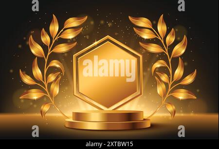 Gold Award Stage avec cadre laurier et cylindre deux escaliers podium. Illustration vectorielle 3D réaliste de la plate-forme d'affichage de produits d'or avec des branches de plantes, des paillettes brillantes sur fond noir. Illustration de Vecteur
