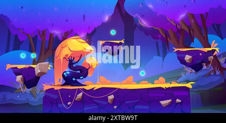 Paysage de niveau jeu avec plate-forme au sol et îles flottantes, fantaisie magique luisant arbres et herbe, sphères néon bleues à collecter. Illustration vectorielle de dessin animé de la terre extraterrestre de fée de jeu vidéo. Illustration de Vecteur