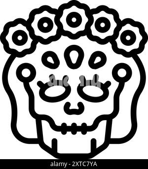 Icône vectorielle d'art au trait d'une calavera décorée, représentant le jour des morts Illustration de Vecteur