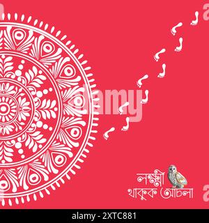 Affiche du festival hindou Lakshmi puja avec empreinte, texte bengali hibou Illustration de Vecteur