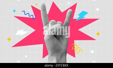 Affiche punk contemporaine avec geste rock à la main. Griffonner les éléments. Illustration vectorielle. Illustration de Vecteur