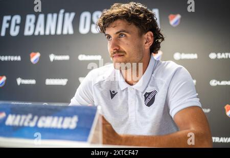 Ostrava, République tchèque. 14 août 2024. Conférence de presse de Banik Ostrava avant le match retour du 3ème tour préliminaire de l'UEFA European Conference League avec le FC Copenhague, à Ostrava, République tchèque, le 14 août 2024. Joueur Matej Chalus. Crédit : Vladimir Prycek/CTK photo/Alamy Live News Banque D'Images