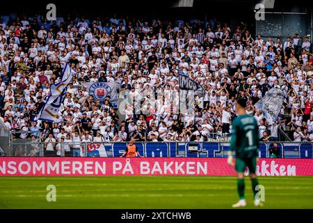 Brondby, Danemark. 11 août 2024. Les fans de football d'Aarhus GF vus sur les tribunes lors du match de 3F Superliga entre Broendby IF et Aarhus GF au Brondby Stadium. Banque D'Images