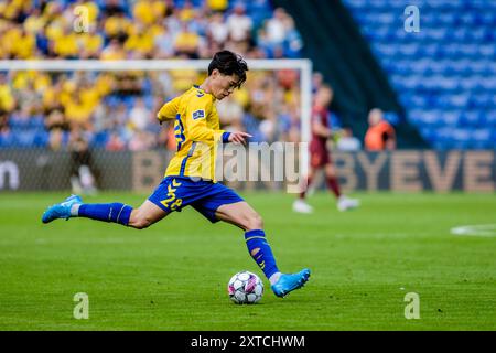 Brondby, Danemark. 11 août 2024. Yuito Suzuki (28) de Broendby vu lors du match de 3F Superliga entre Broendby IF et Aarhus GF au Brondby Stadium. Banque D'Images