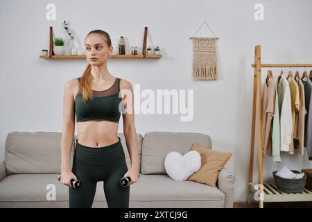 Une jeune femme en tenue de sport se tient dans son salon tenant des haltères. Banque D'Images