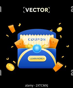 coupons 3d en bleu avec code coupon, pièces d'or, dans une enveloppe avec effet confetti, isolé sur fond sombre. Bons de réduction pour modèle de bannière vendredi fou. vecteur 3d. Illustration vectorielle Illustration de Vecteur