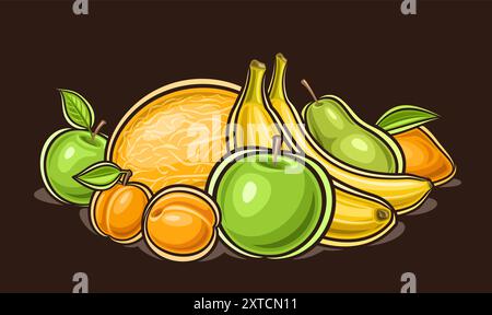 Logo de fruit de vecteur, affiche horizontale décorative avec illustration de contour de la composition juteuse de fruits verts et jaunes, dessin animé esprit d'impression de fruits Illustration de Vecteur