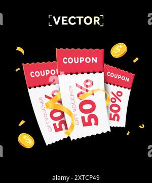 3d couple de coupons roses avec code coupon, pièces d'or sur fond sombre. Cadeau spécial avec coupons ou bons d'achat, pourcentage de réduction. Modèle de bannière de chèque-cadeau. illustration vectorielle 3d. Illustration vectorielle Illustration de Vecteur