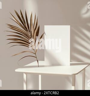 Composition minimaliste avec feuille de palmier séchée et maquette en papier blanc, palme, beige esthétique, invitation de mariage Banque D'Images