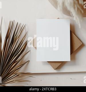 Composition minimaliste avec feuille de palmier séchée et maquette en papier blanc, palme, beige esthétique, invitation de mariage Banque D'Images