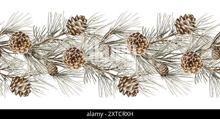 Guirlande de Noël sans couture décorative en pin avec pommes de pin Banque D'Images