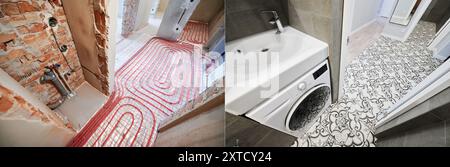 Comparaison des toilettes avant et après rénovation. Ancien appartement toilettes avec tuyaux de chauffage au sol et nouvelle chambre rénovée avec lavabo et machine à laver. Banque D'Images