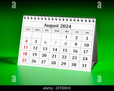 Calendrier d'août 2024. Une page du calendrier mensuel annuel du bureau d'affaires en été Banque D'Images