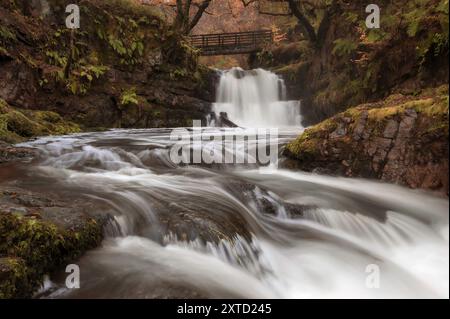 Chute d'eau de Sychryd, dans la vallée de Neath, au pays de Galles, en plein flux pendant l'automne. Banque D'Images