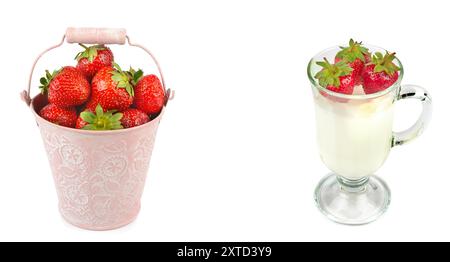 Smoothie aux fraises et fraises mûres isolées sur fond blanc. Espace libre pour le texte. Photo grand angle. Collage. Banque D'Images