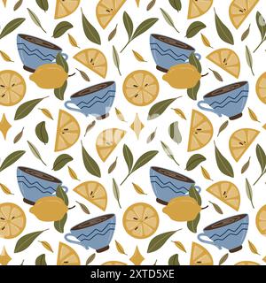 Modèle sans couture avec illustration vectorielle d'une tasse bleue avec un citron jaune et des feuilles vertes. Le design simple et plat est parfait pour le thème du thé Illustration de Vecteur