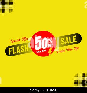 Offre spéciale 50% de réduction Shop NOW modèle de bannière avec isolé sur fond jaune, affiche d'achat de vente Flash ou bannière avec icône Flash. Flash Illustration de Vecteur
