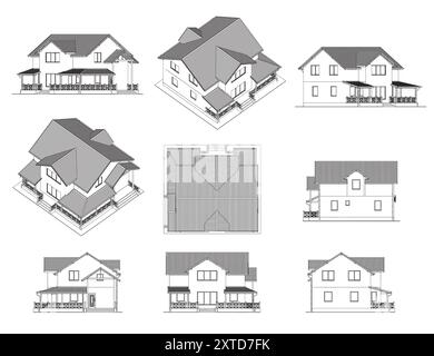 Ensemble avec contour de la maison privée dans différentes positions de lignes noires isolées sur fond blanc. Illustration vectorielle. 3D.. Illustration de Vecteur