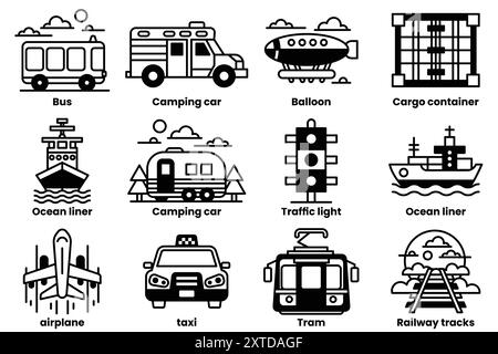 L'image est une collection de diverses icônes de transport, y compris des avions, des bus, des trains et des bateaux Illustration de Vecteur