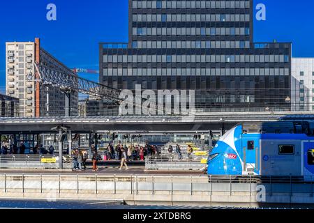 Passagers occupés à la gare principale de Lyon - Gare de Lyon. Avec des trains TGV locaux et à grande vitesse s'arrêtant en continu. La 2ème gare la plus fréquentée de France. Banque D'Images