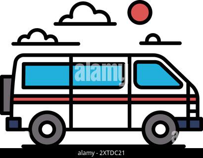 Dessin en noir et blanc d'une camionnette avec un soleil en arrière-plan. La fourgonnette est garée sur une route et dispose d'un toit ouvrant Illustration de Vecteur