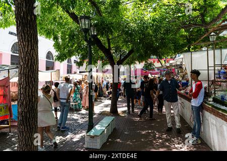 San Telmo, Buenos Aires, Argentine - 08 08 08 2024 : vue sur le marché aux puces de San Telmo le week-end, plein de gens et de beaux arts, et antiquités Banque D'Images