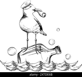 Mouette dans une casquette de capitaine de navire avec une pipe de tabac dans son bec se tient et flotte sur une bouteille de rhum sur les vagues avec des bulles. Dessin au trait graphique dessiné par Illustration de Vecteur