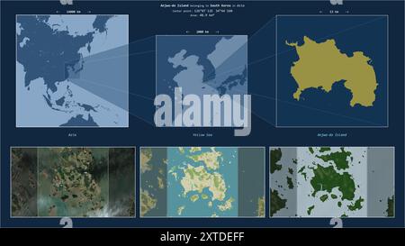 Île d'Anjwa-do dans la mer jaune - appartenant à la Corée du Sud. Diagramme de localisation décrit avec la forme jaune de l'île et des cartes d'échantillon de son surrou Banque D'Images