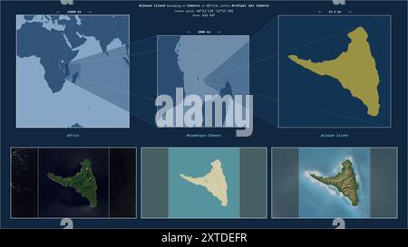 Île d'Anjouan dans le canal du Mozambique - appartenant aux Comores. Décrit diagramme de localisation avec la forme jaune de l'île et des cartes d'échantillon de son sur Banque D'Images