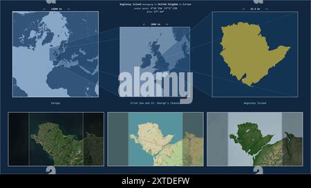 Anglesey Island dans la mer d'Irlande et George's Channel - appartenant au Royaume-Uni. Schéma d'emplacement décrit avec la forme jaune de l'îlot an Banque D'Images