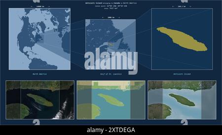 Île d'Anticosti dans le golfe du Saint Laurent - appartenant au Canada. Diagramme de localisation décrit avec la forme jaune de l'île et des cartes d'échantillon de son Banque D'Images