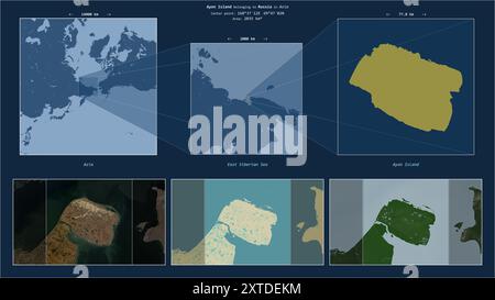 Île d'Ayon dans la mer de Sibérie orientale - appartenant à la Russie. Diagramme de localisation décrit avec la forme jaune de l'île et des cartes d'échantillon de son entourage Banque D'Images