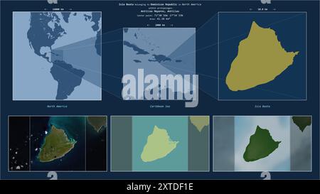 Isla Beata dans la mer des Caraïbes - appartenant à la République Dominicaine. Diagramme de localisation décrit avec la forme jaune de l'île et des cartes d'échantillon de ses s. Banque D'Images