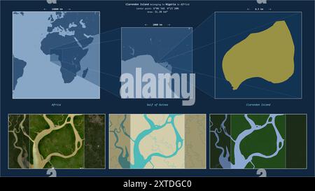 Clarendon Island dans le golfe de Guinée - appartenant au Nigeria. Diagramme de localisation décrit avec la forme jaune de l'île et des cartes d'échantillon de son surro Banque D'Images