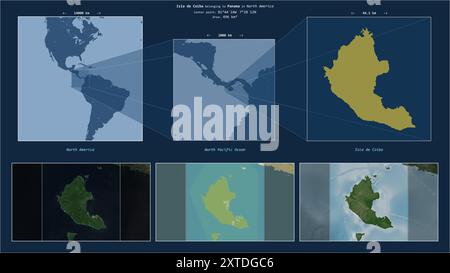 Isla de Coiba dans l'océan Pacifique Nord - appartenant au Panama. Diagramme de localisation décrit avec la forme jaune de l'île et des cartes d'échantillons de son surr Banque D'Images