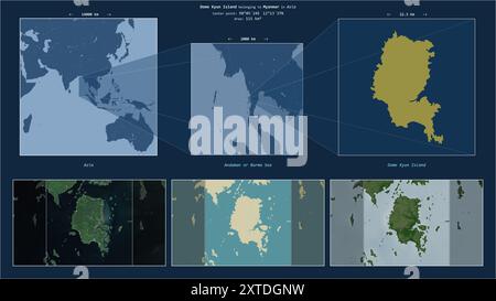 Dome Kyun Island dans la mer d'Andaman ou de Birmanie - appartenant au Myanmar. Diagramme de localisation décrit avec la forme jaune de l'île et des cartes d'échantillon de son Banque D'Images