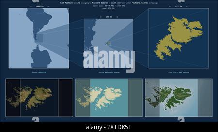 East Falkland Island dans l'océan Atlantique Sud - appartenant aux îles Falkland. Schéma d'emplacement décrit avec la forme jaune de l'île et de l'écaille Banque D'Images