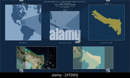 Île de Caicos est dans l'océan Atlantique Nord - appartenant aux îles Turques et Caïques. Schéma d'emplacement décrit avec la forme jaune de l'île et Banque D'Images