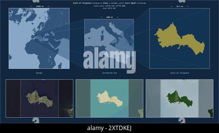 Isola di Favignana dans la mer Tyrrhénienne - appartenant à l'Italie. Diagramme de localisation décrit avec la forme jaune de l'île et des cartes d'échantillon de son surro Banque D'Images