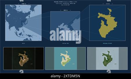 Île de Haiyang dans la mer jaune - appartenant à la Chine. Diagramme de localisation décrit avec la forme jaune de l'île et échantillons de cartes de ses environs Banque D'Images
