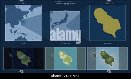 Hachijojima dans la mer des Philippines - appartenant au Japon. Diagramme de localisation décrit avec la forme jaune de l'île et échantillons de cartes de ses environs Banque D'Images