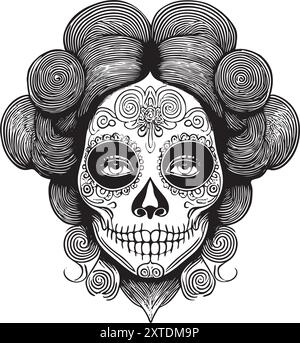 Design de mariée calavera élégant et complexe pour les thèmes festifs d'Halloween et Dia de los Muertos Illustration de Vecteur