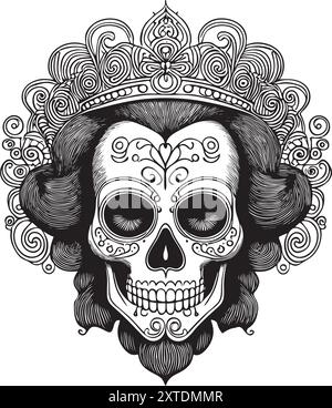 Illustration Calavera avec couronne ornée et bijoux dans un style vintage pour Day of the Dead Illustration de Vecteur