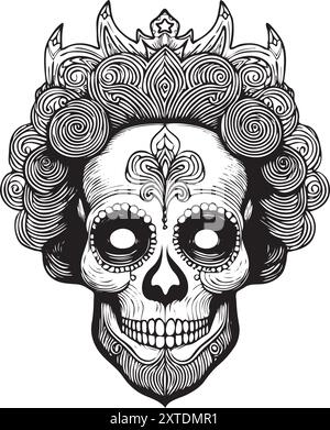 Art calavera mexicain traditionnel avec des lignes détaillées et une couronne ornementale Illustration de Vecteur